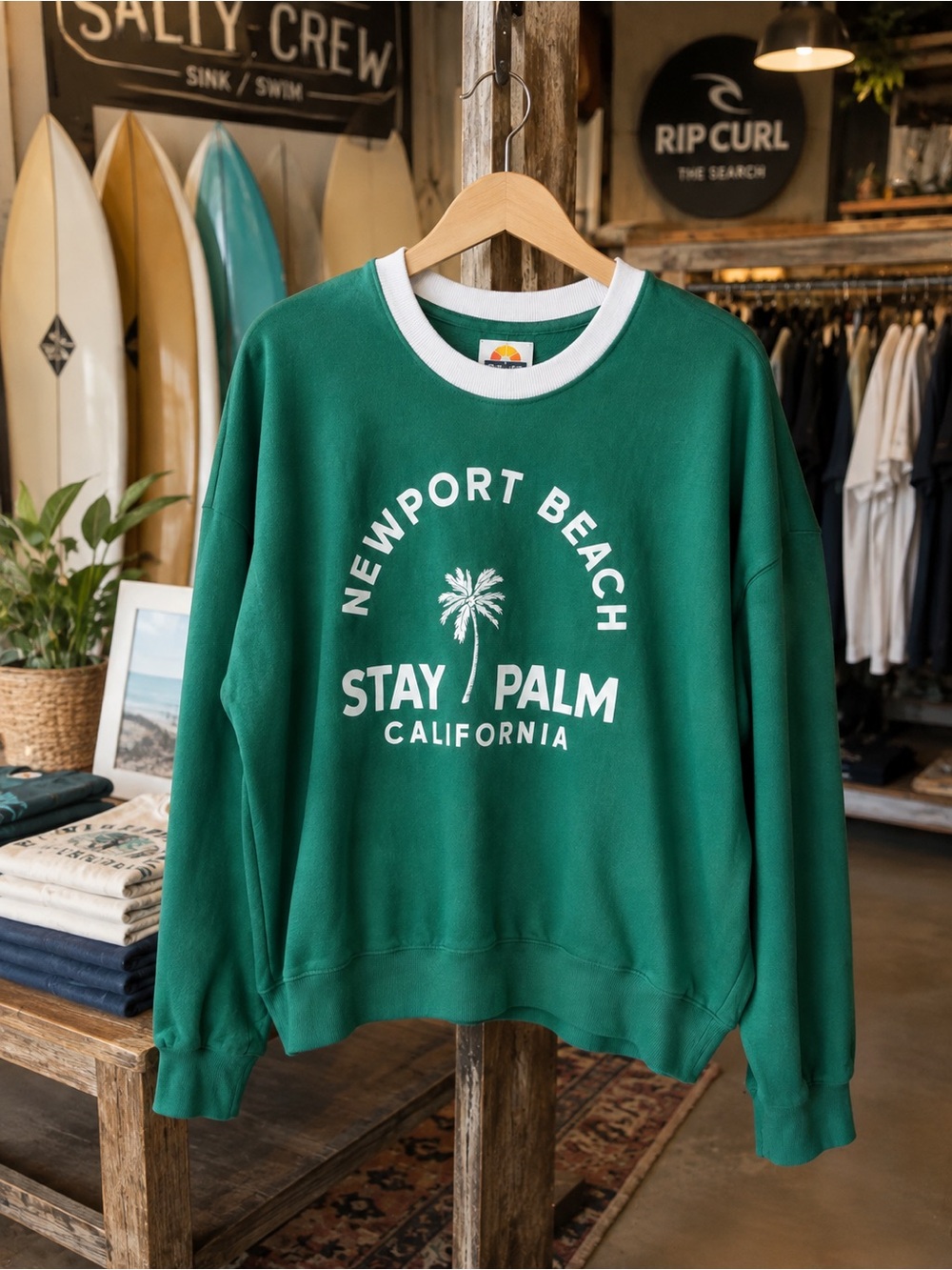 C&C California Newport Beach Stay Palm Sweatshirt Green XL Coastal